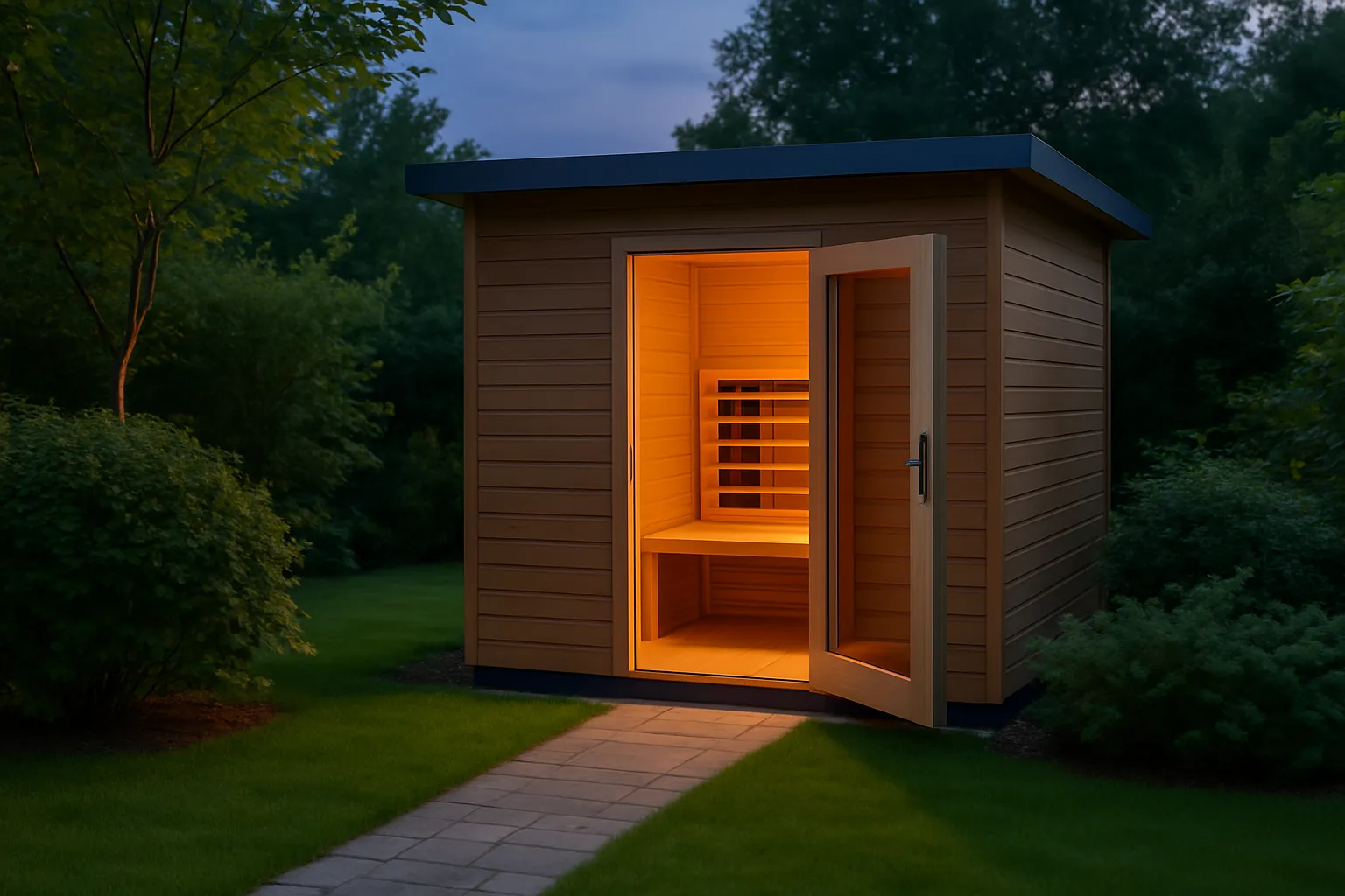 Kleines Gartenhaus am Abend mit offener Tür, darin eine beleuchtete Infrarotkabine, davor ein Plattenweg