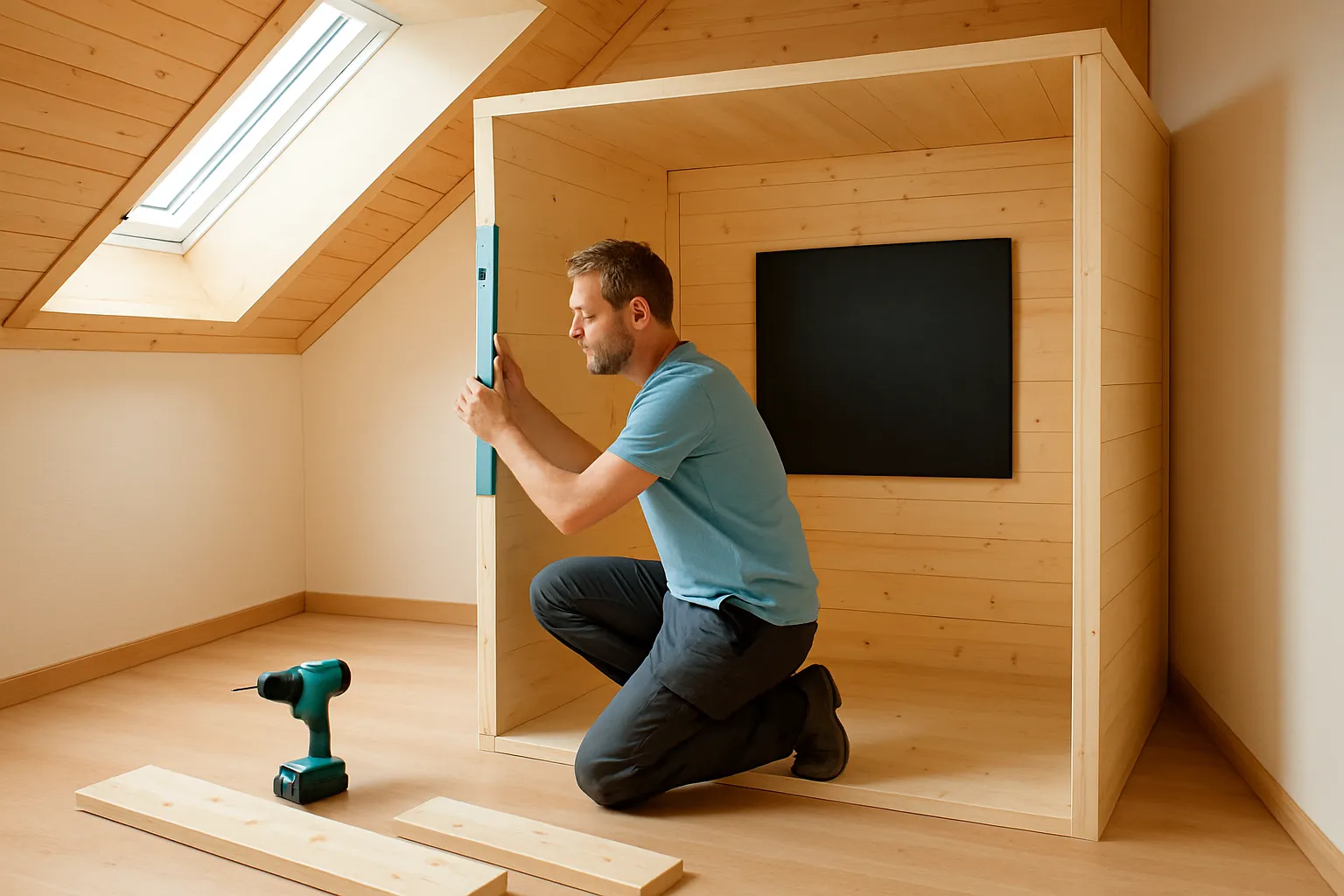 Mann prüft mit der Wasserwaage die Wand einer halb aufgebauten Holzkabine unter einer Dachschräge, innen hängt ein dunkler Flächenstrahler
