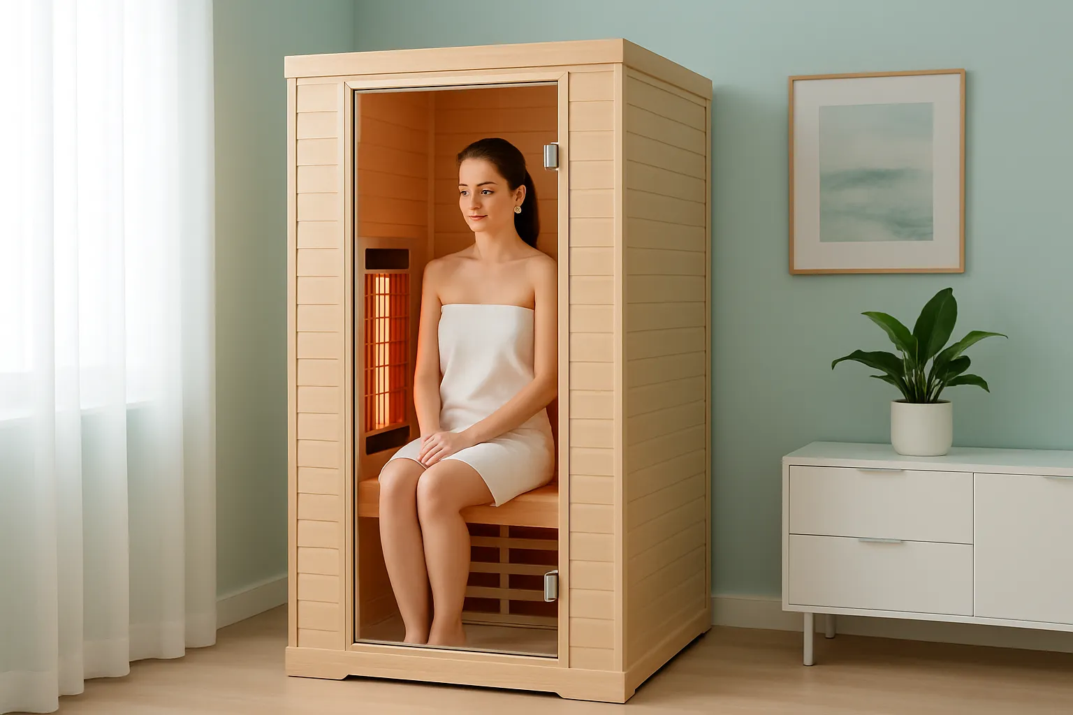 Kompakte 1-Personen Infrarotsauna in modernem Design perfekt für kleine Räume