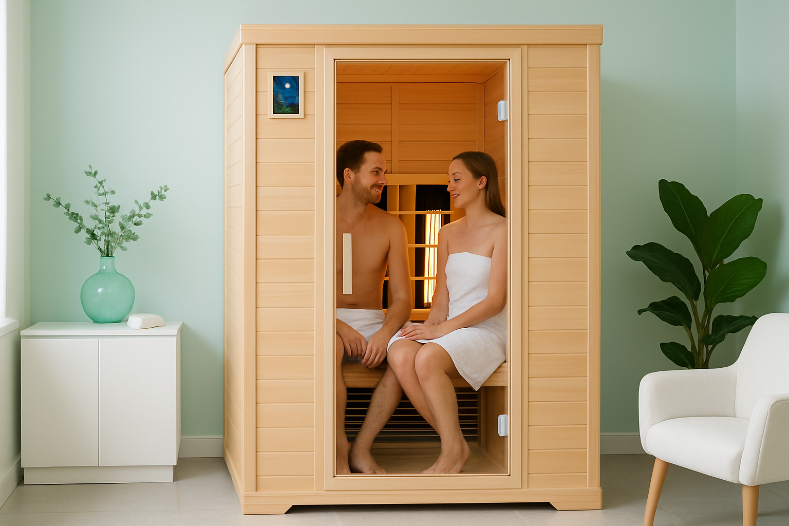 Moderne 2-Personen Infrarotsauna mit zwei Menschen in entspannter Atmosphäre