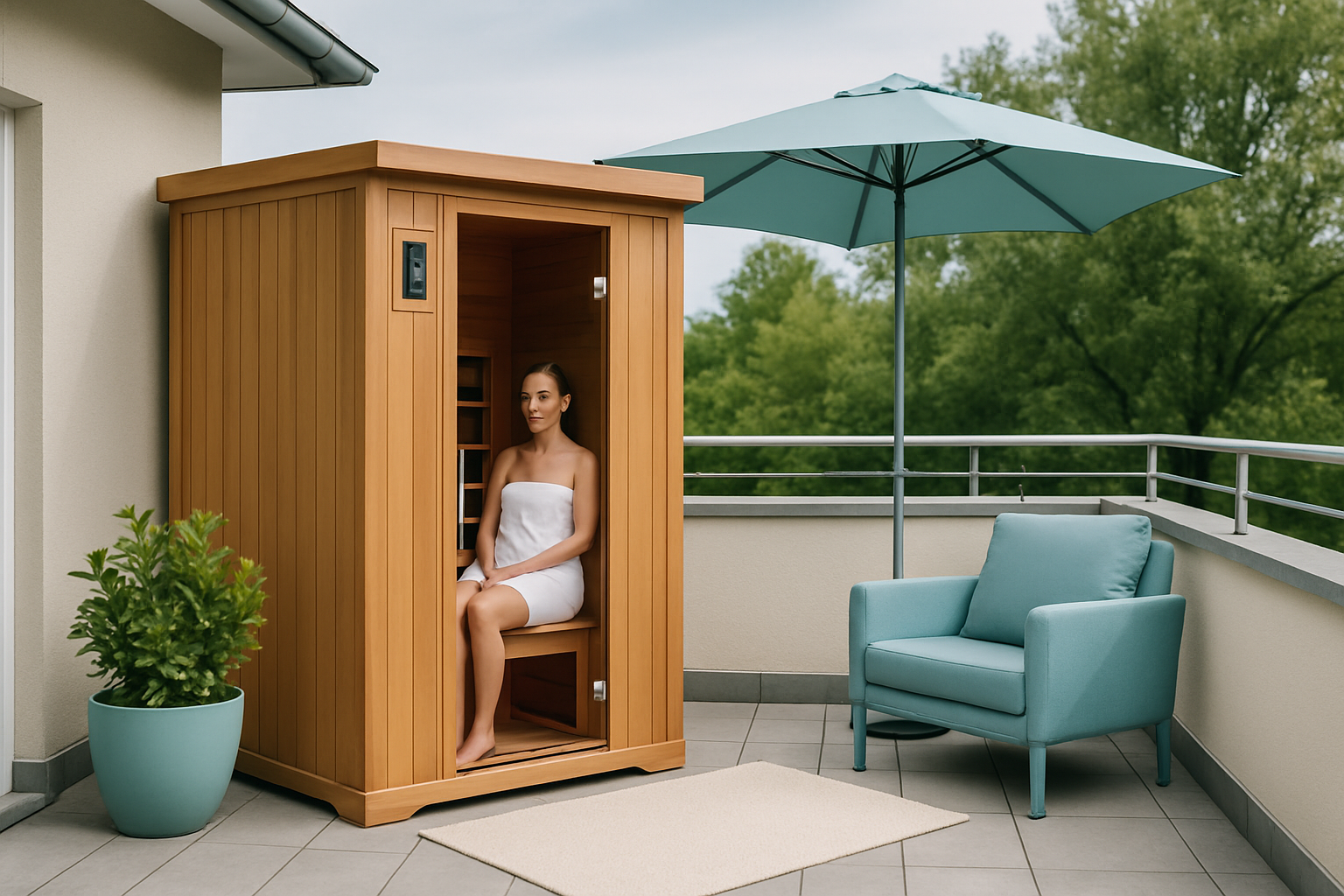 Infrarotsauna auf überdachter Terrasse mit Wetterschutz