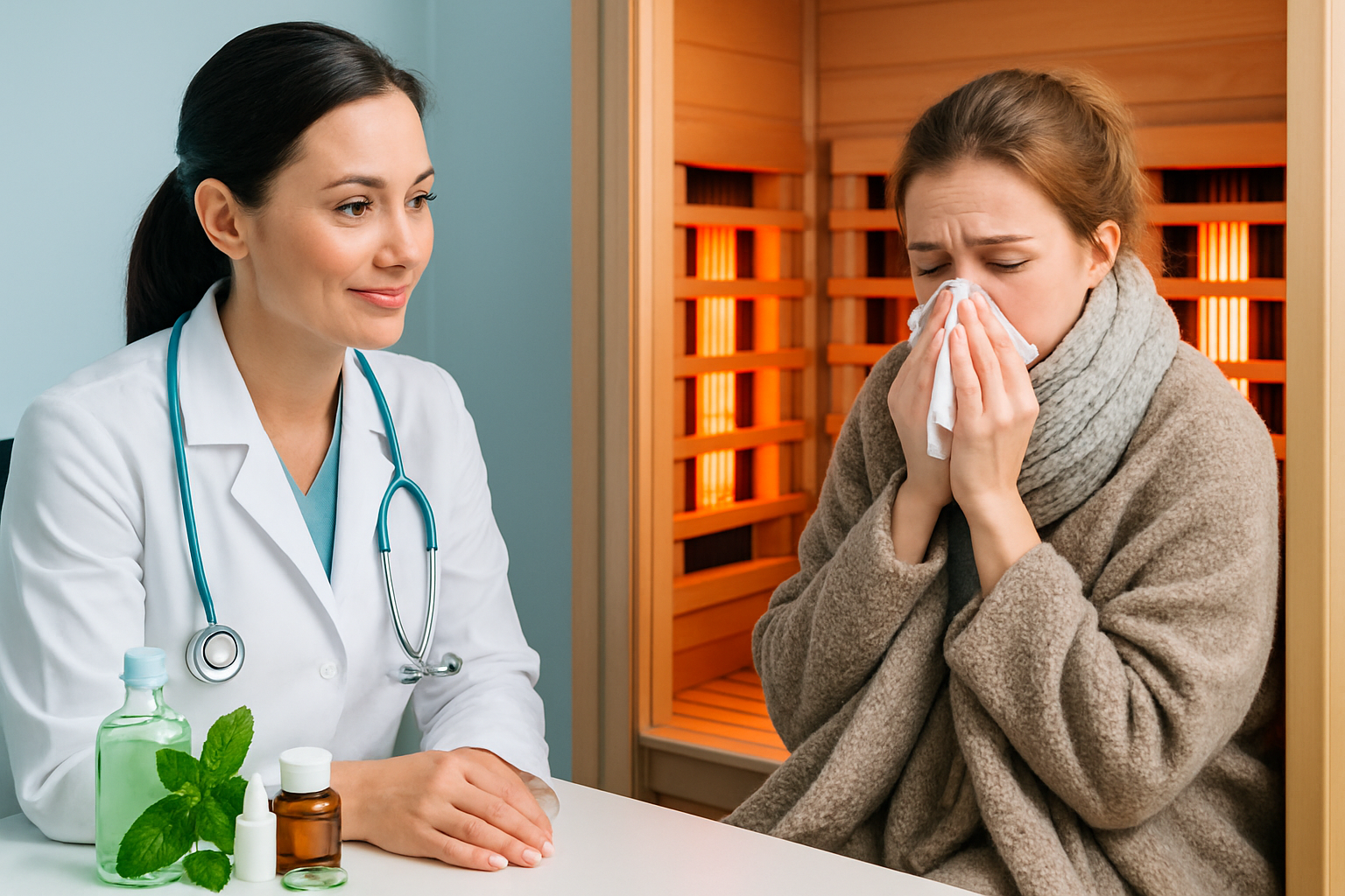 Person entspannt in Infrarotsauna während Erkältungszeit mit Taschentüchern