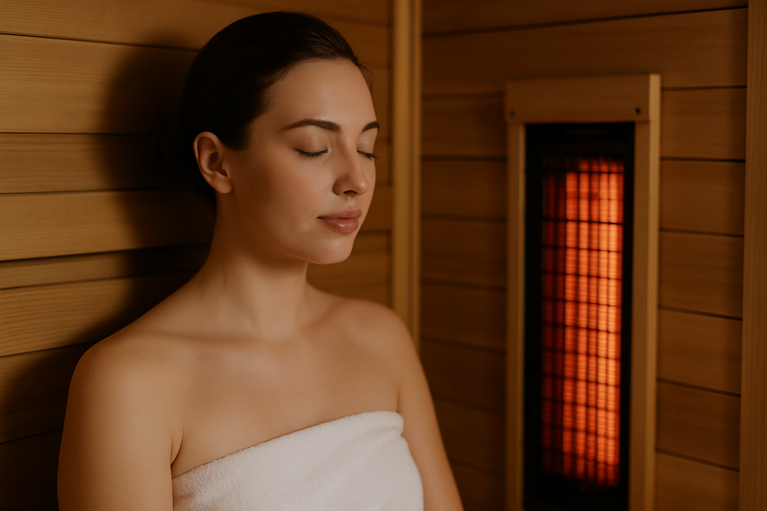 Person entspannt in Infrarotsauna mit heilender Wärmestrahlung