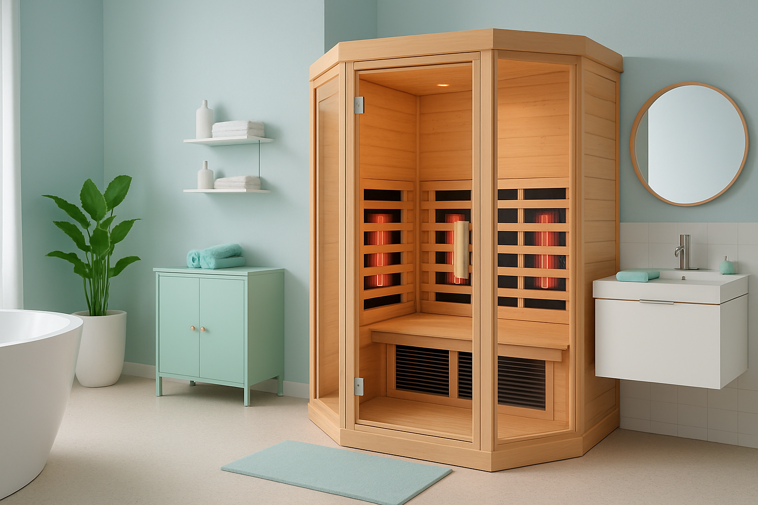 Moderne Infrarotsauna elegant integriert in ein helles Badezimmer mit Fliesen