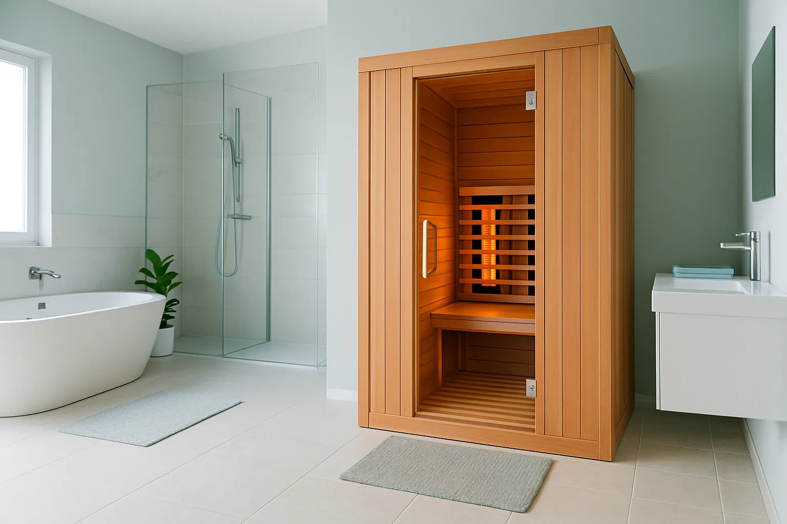 Infrarotkabine mit Glastür in einem hellen Badezimmer, mit Abstand zu Badewanne und Dusche