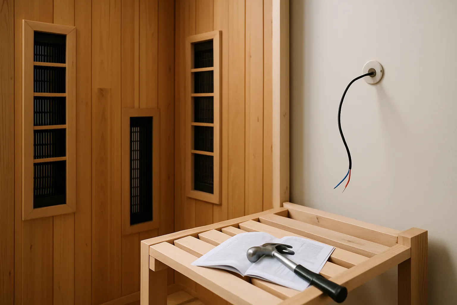 Teile einer Infrarotkabine beim Aufbau mit Werkzeug, Anleitung und Kabel an der Wandsteckdose