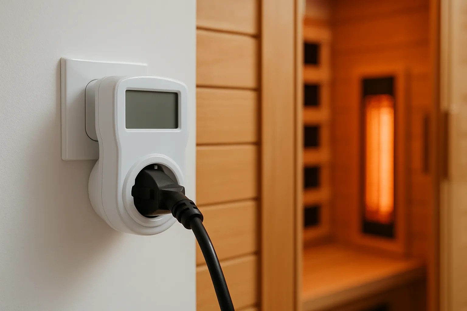Energiekosten-Messgerät in der Steckdose, daran das Kabel einer Infrarotkabine mit leuchtendem Strahler
