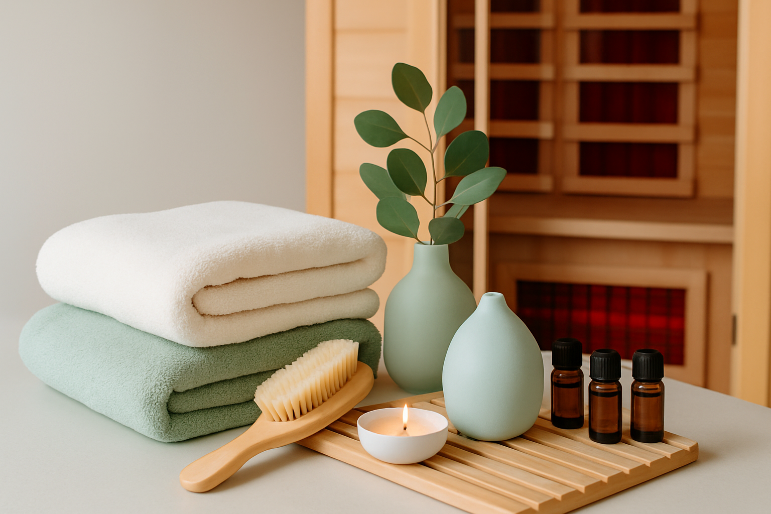 Verschiedenes Infrarotsauna-Zubehör wie Handtücher, Thermometer und ätherische Öle dekorativ arrangiert
